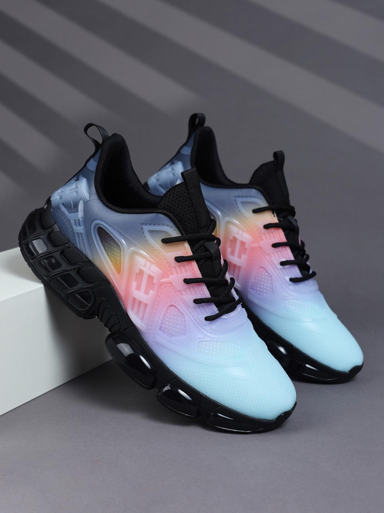 Men's Gradient Future-Style Thick Sole Running Shoes, Breathable Mesh, Semi-Transparent Geometric Overlay, Bubble Cushioning, Sporty Style