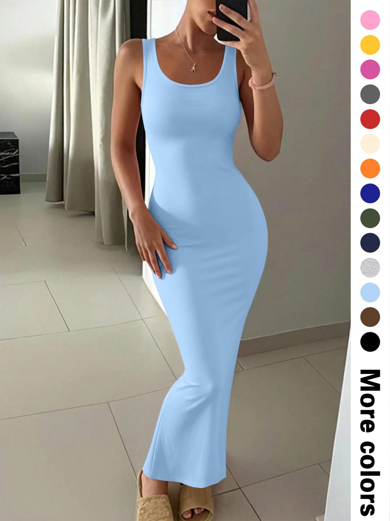 Women's Summer Casual  Round Neck Sleeveless Slim Fit Long Maxi Dress, 14 Color Options, Perfect for Daily Wear, Versatile for Various Occasions