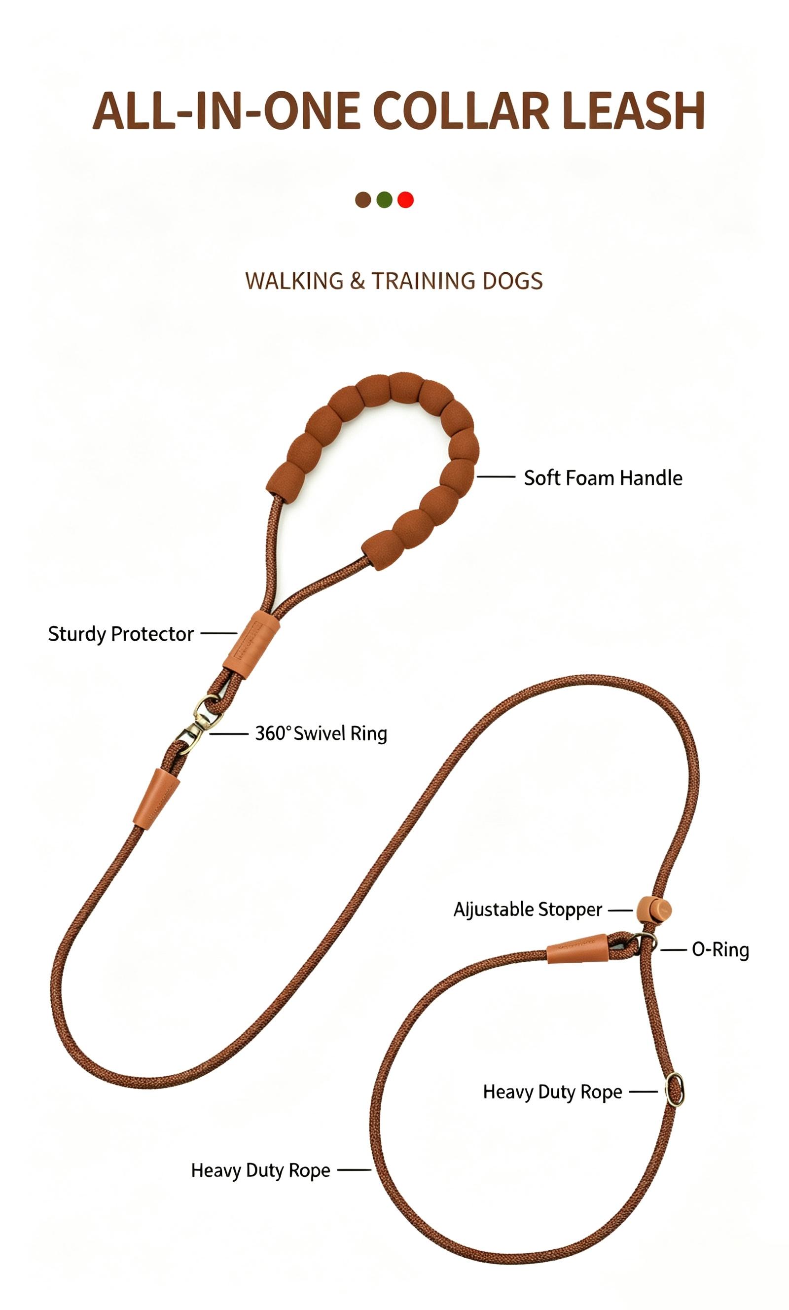Dog Slip Lead All In One Training Leash Soft Foam Handle Heavy Duty Polyester Climbing Rope Walking Leash for Small Medium Large Dogs