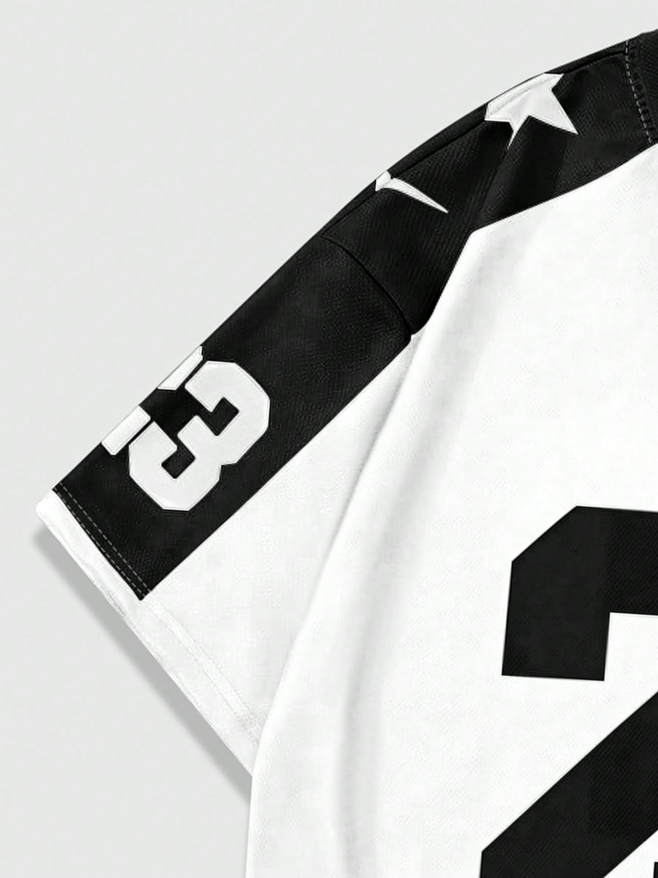 1pc Men's Oversized V-Neck Football Jersey Retro Star Graphic Print Streetwear Black & White Number 23 Sporty Top for Summer Outfits