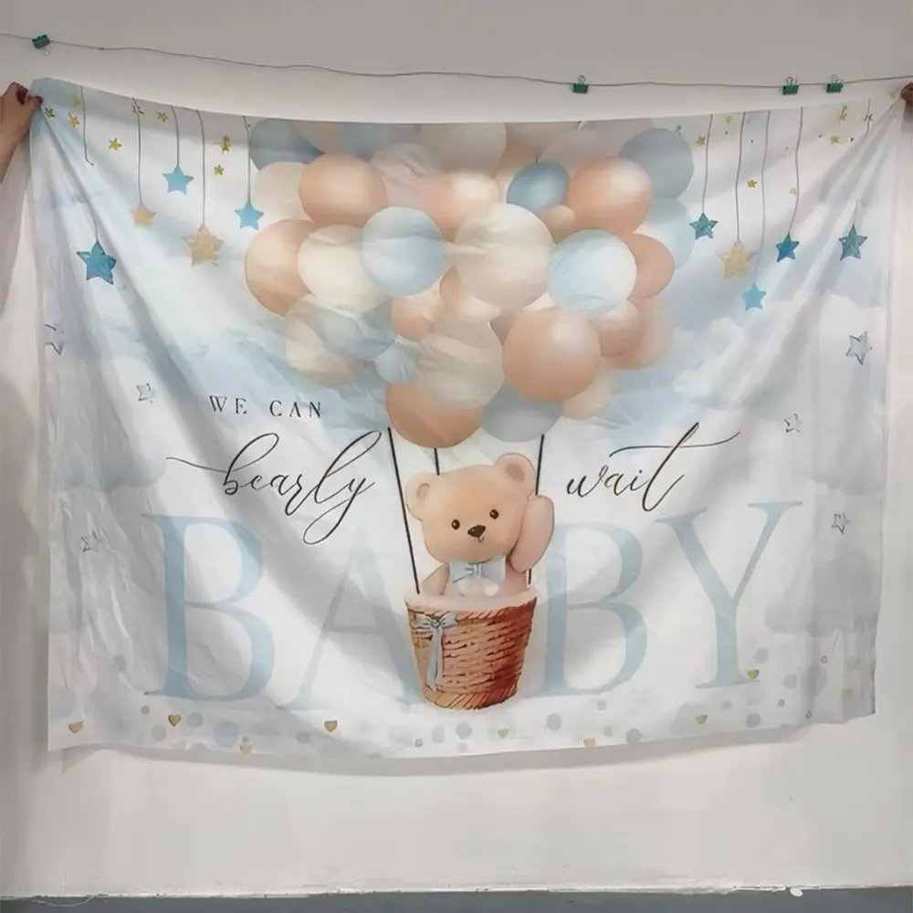 Teddy Bear Pattern Home Decor Banner Background Cloth, Indoor Outdoor Decoration, Baby Shower Party Props, Photography Backdrop, Polyester Fiber