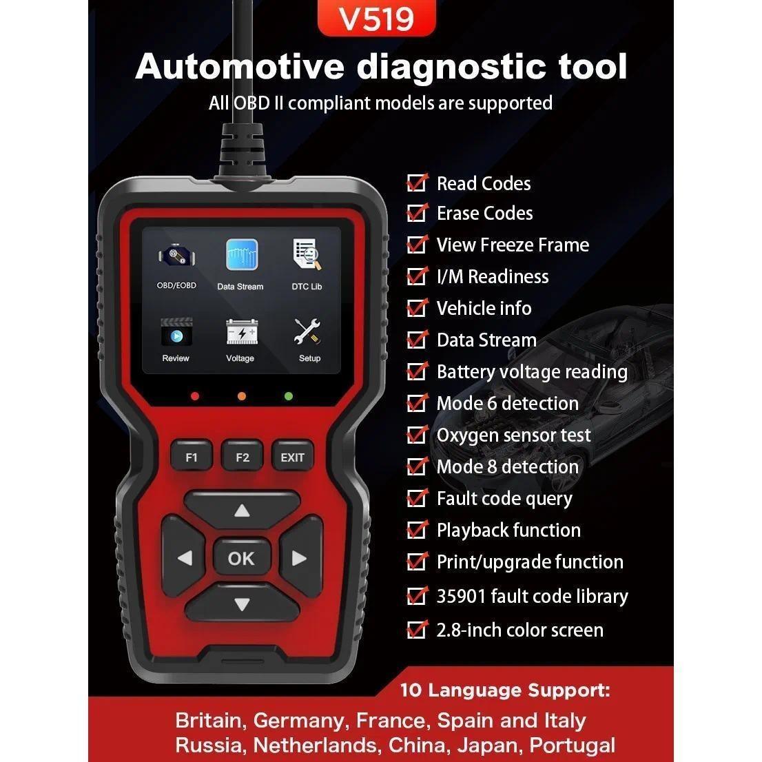 Portable OBD II Port Scanner Live Data Professional Mechanic OBD2 Diagnostic Code Reader Tool For Check Engine Light Battery Voltage automotive Testing functionality complete