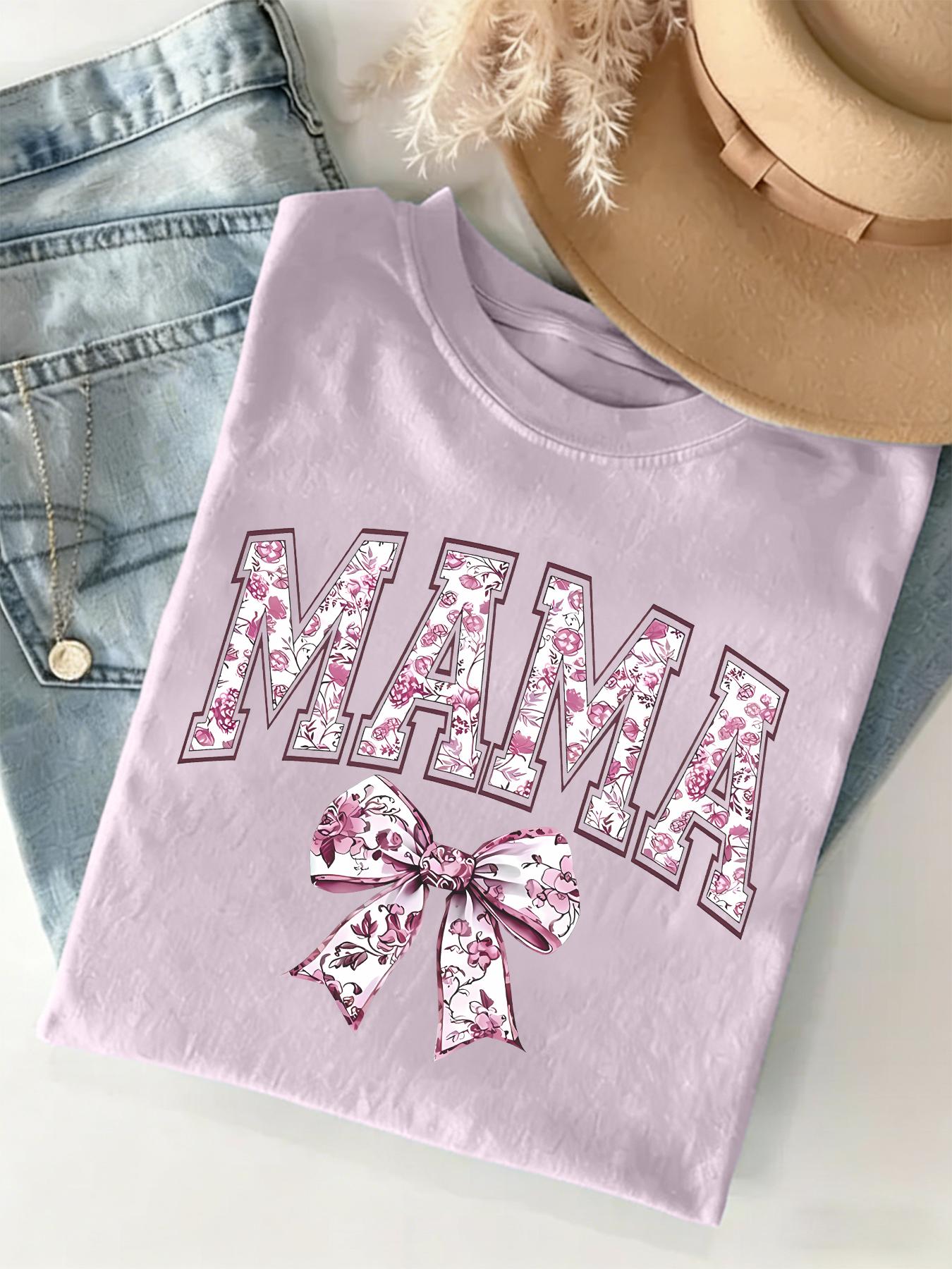 Mama Letter & Bow Print Round Neck Tee, Fashion Casual Crew Neck T-Shirt for Daily Holiday Vacation Outdoor Wear, Ladies Clothes for All Seasons, Top