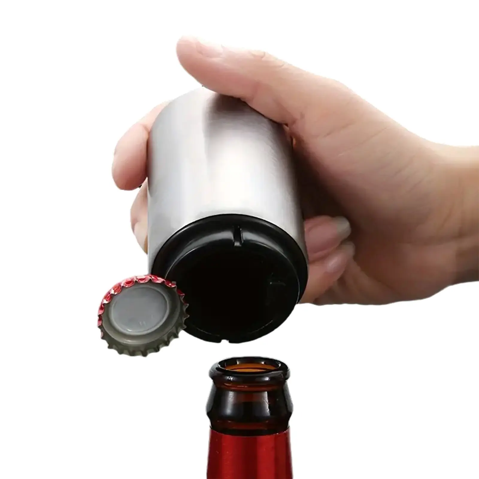 Stainless Steel Magnetic Automatic Beer Bottle Opener Push Down Wine Bar Tools Portable Anti Slip Lid Remover Heavy Duty Rustproof Metal Cap Catcher Accessories for Kitchen Home Outdoor Party Barware
