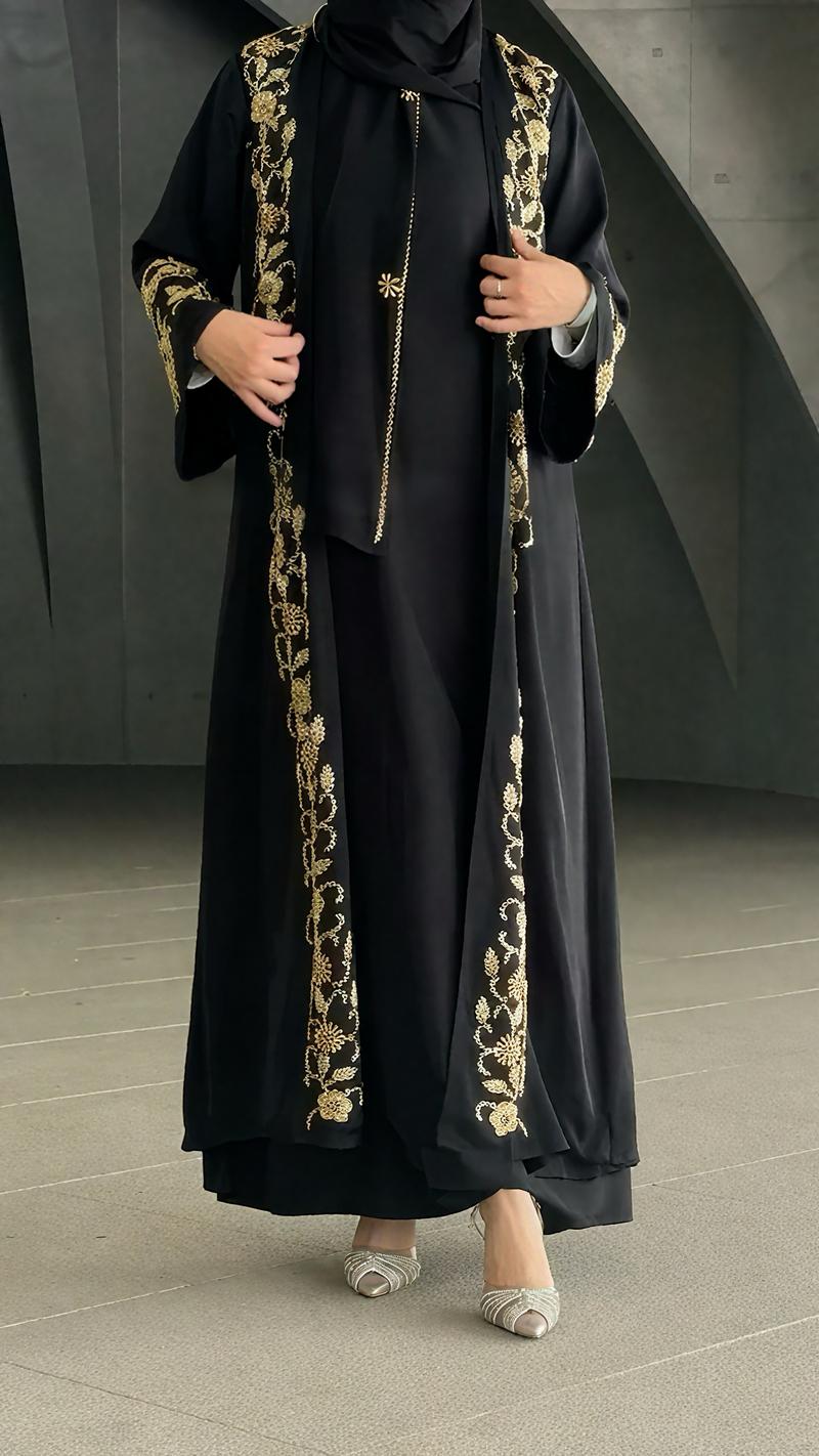 Black Banquet Dress Abaya Set | Embroidered Diamond Elegance 3-Piece Abaya with Hijab (MOA184)