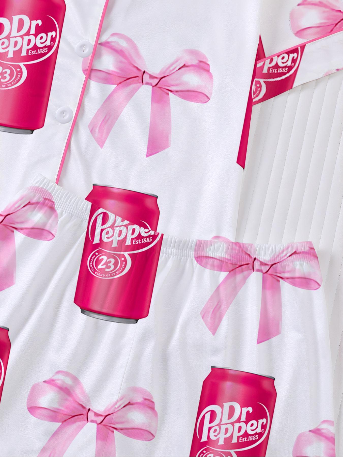 Dr Pepper Soda Can Bow Print Short Sleeve Shirt Pajama Set, Cartoon Sleepwear Two-Piece Suit, Casual Loose Fit Home Wear