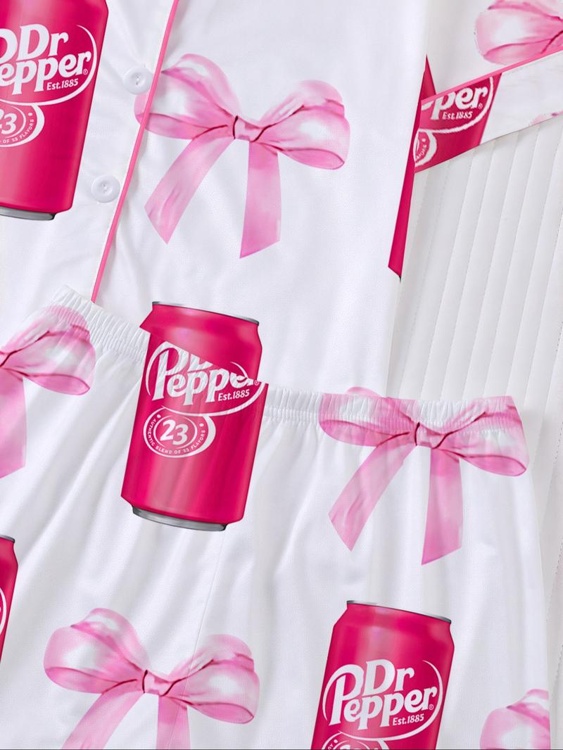 Dr Pepper Soda Can Bow Print Short Sleeve Pajama Set, Cartoon Sleepwear Two-Piece Suit, Casual Loose Fit Home Wear