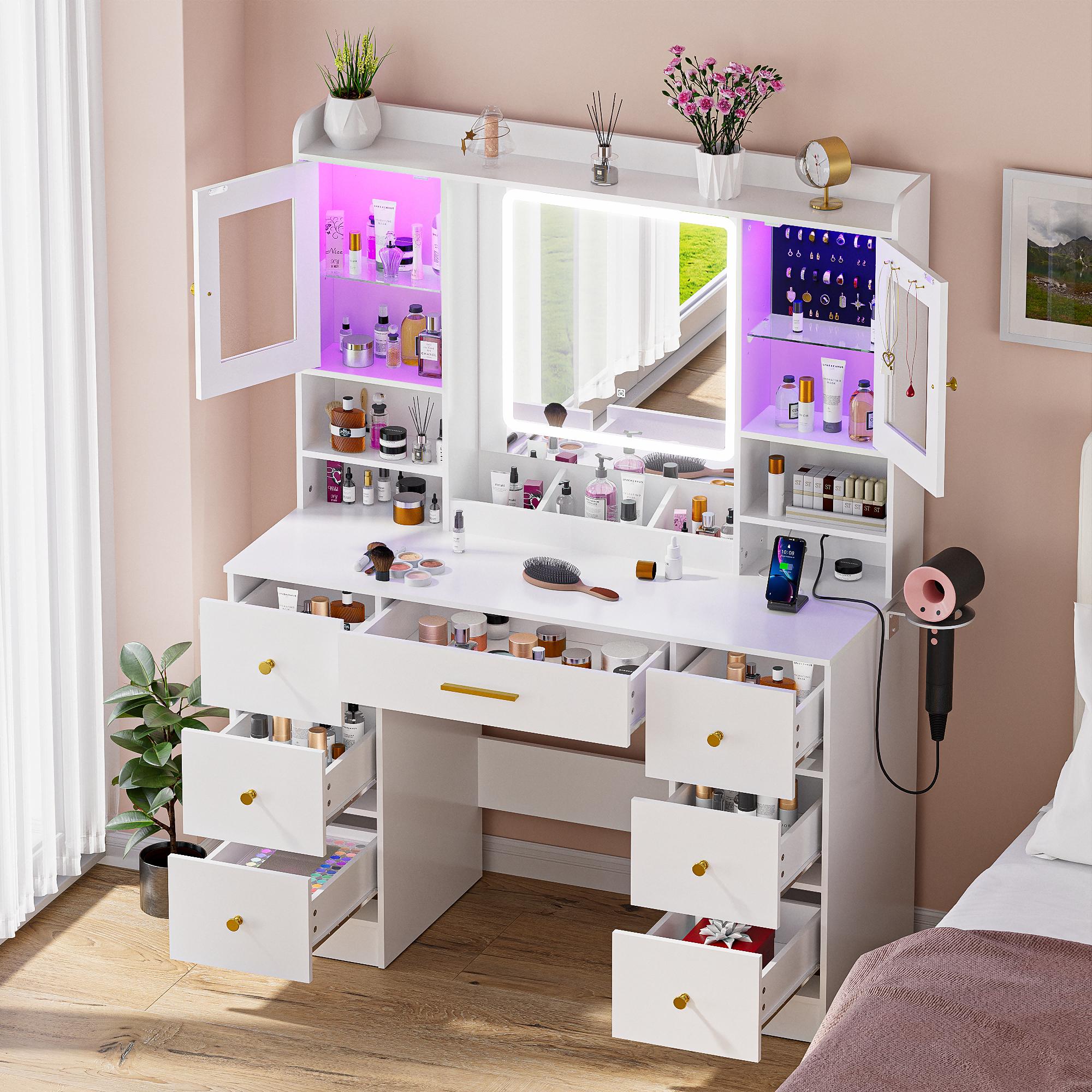 Vanity Desk with Mirror and Lights, with Power Outlet and LED Jewelry Cabinet Modern Capacity Makeup Vanity with 7 Drawers, Makeup Table for Bedroom,Makeup Room,White