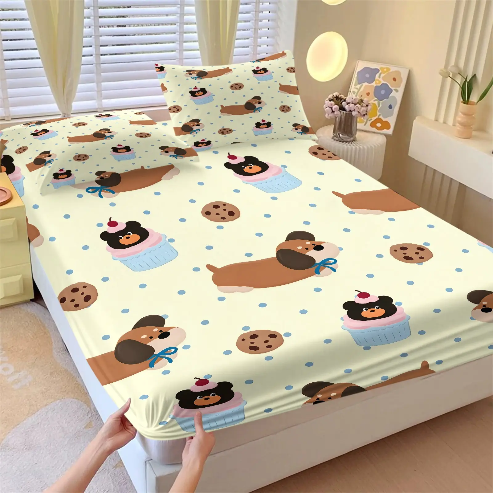 Cute Dachshund Fitted Sheet Set Cartoon Sausage Dog Pet Bedding Set 3pcs Birthday Party Cupcake Bed Sheet with 2 Coreless Pillowcases Kids Room Decor Soft Deep Pocket Bedding Full Beige Yellow