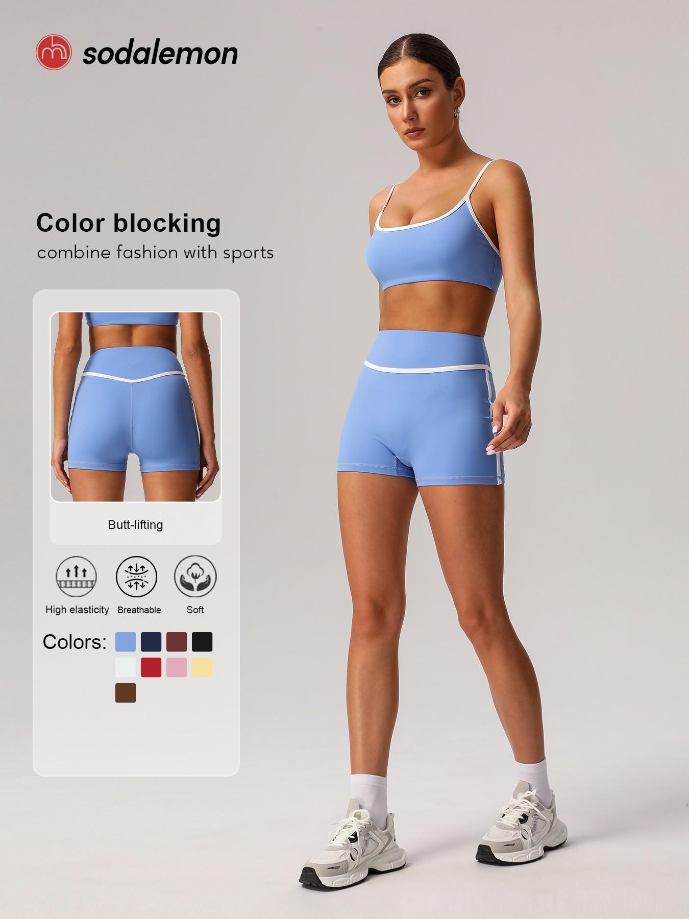 Sodalemon Two-Piece Set Women's Solid Crop Sports Bra & High Waist Skinny Shorts Tracksuit Set, Breathable Comfortable Sports Outfits for Yoga Gym Workout Running, Ladies Sportswear for All Seasons