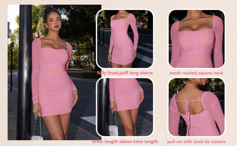 OYV Women's Sexy Mesh Square Neck Long Sleeve Ruched Bodycon Party Club Mini Dress
