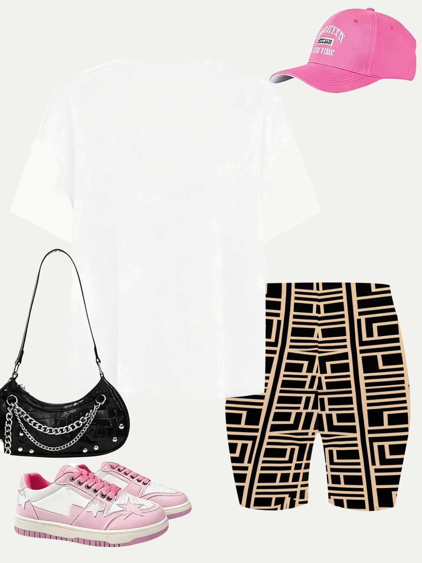 Girls Geometric Stripe Bear Print Short Sleeve Set Summer Trendy Kids Casual Biker Shorts 2Pcs