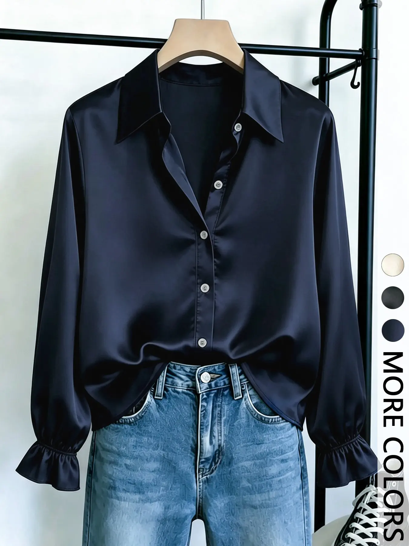 Women's Lapel Long Sleeve Shirt Button, Simple Flowing Fit, Ruffle Hem Design, Office Style, Daily Wear, Spring Autumn Versatile Top
