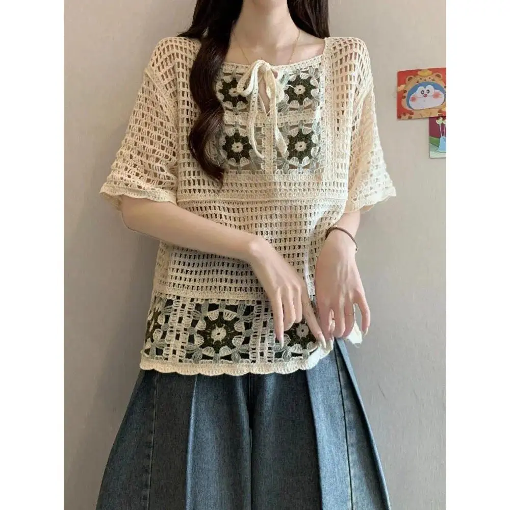 Granny Square Crochet Top for Women Hollow Out Short Sleeve Tie Front Open Knit Lace Blouse Shirt Summer Boho Chic Festival Tops