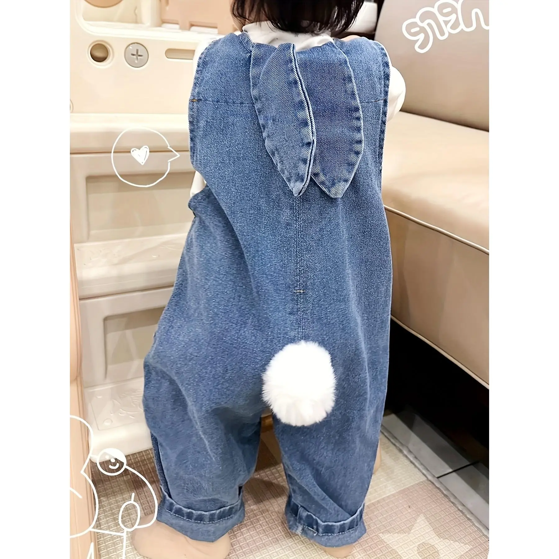 Adorable Youngsters 's; Light Blue Denim Overalls with Rabbit Ear Details - Casual, Loose Fit for Spring & Autumn, Machine Washable, Perfect for Outdoor