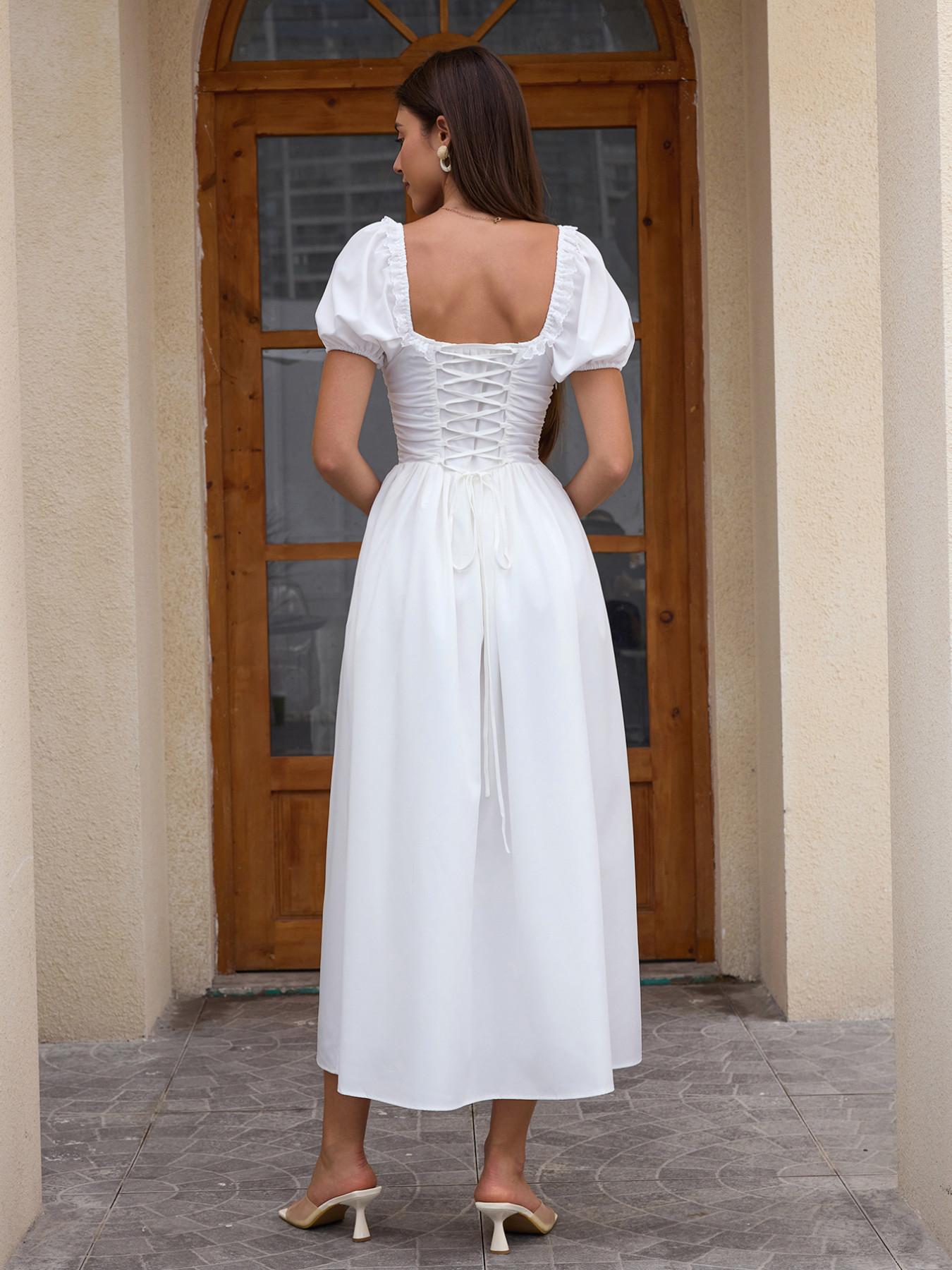 Square Neck Backless Cross Strap Ruched Fishbone Bubble Sleeve Dress, Casual Comfortable Fashion Long Dress for Daily Wear