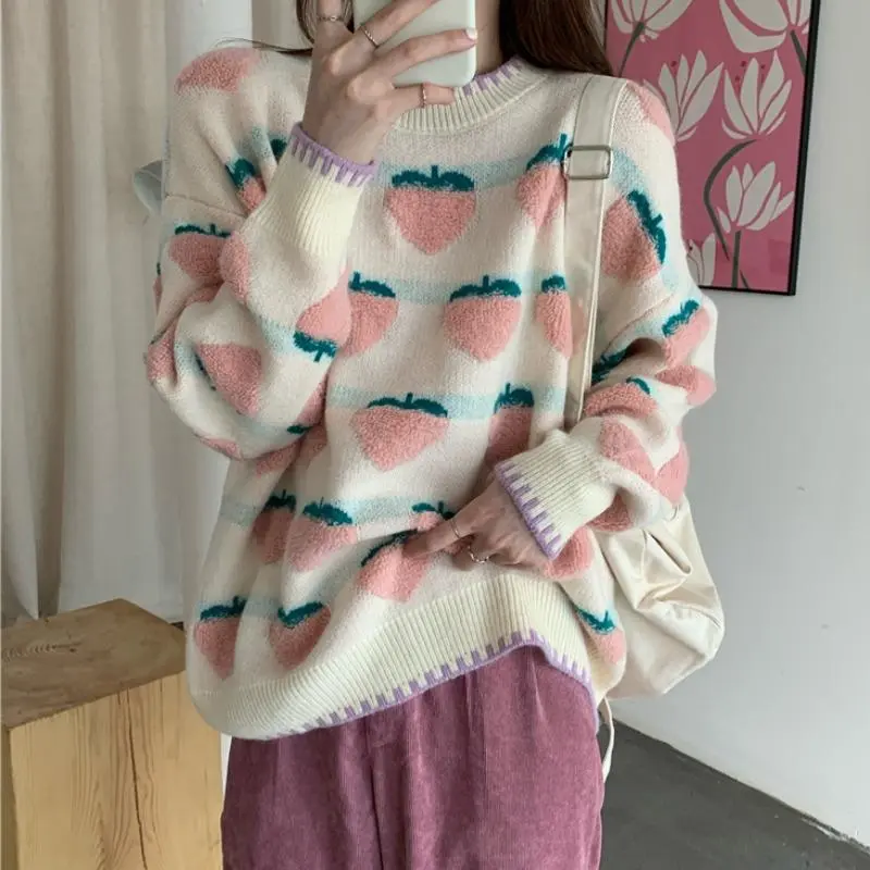 Women's Fruit Sweater Cozy Knit Cute Peach Strawberry Crew Neck Long Sleeve Oversized Pullover Jumper Soft Girl Fall Winter