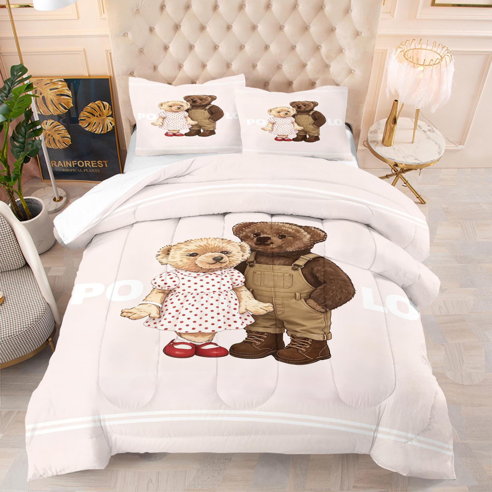 A set of small bear print bedding, including 1 quilt and 1 or 2 pillowcases without pillow inserts, soft bedroom decor gifts for children and adults