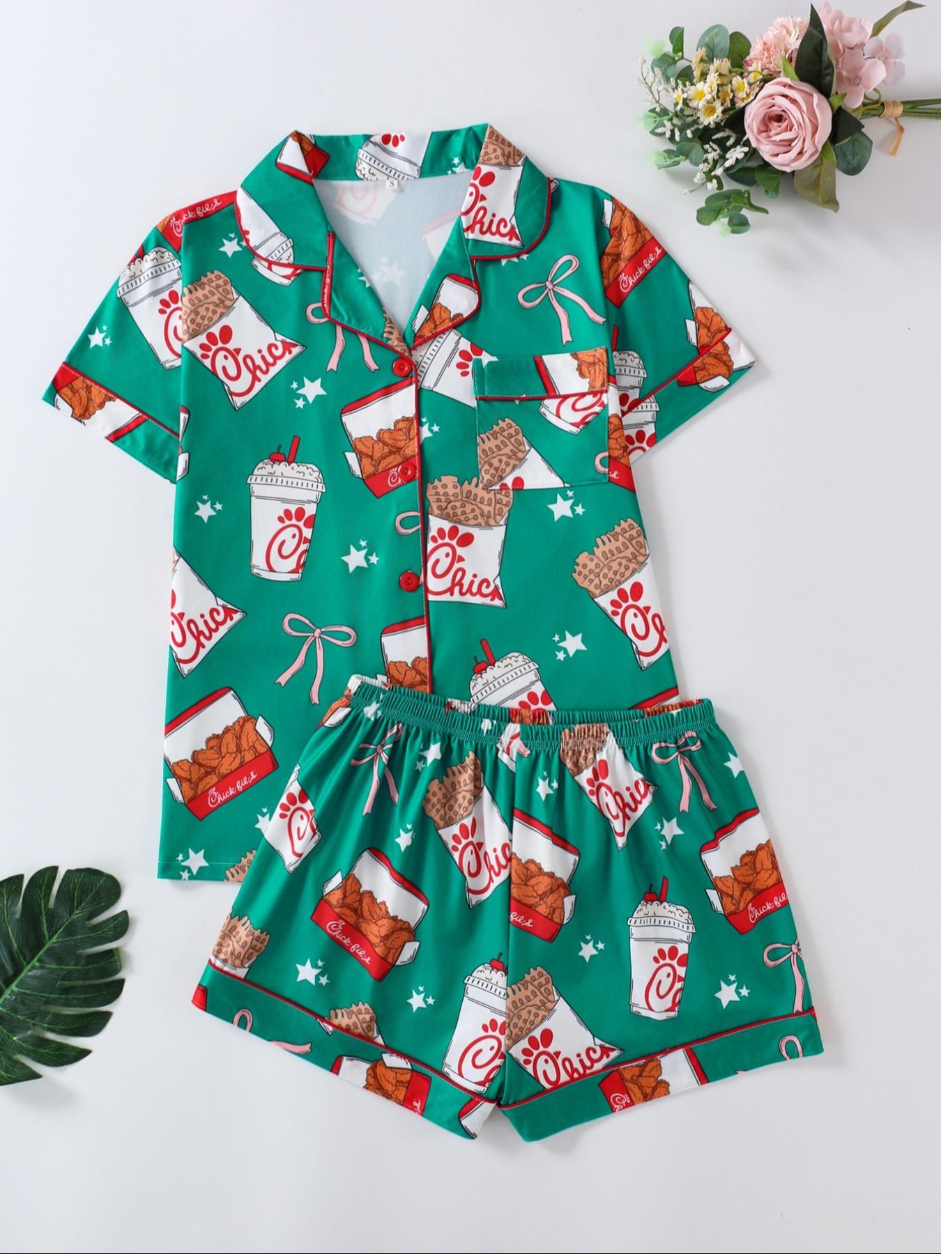 Women's All Over Print Button Front Shirt & Shorts Pyjama Set, Comfort Two-piece Pj Set for Homewear, Women's Sleepwear for All Seasons, Pajama Set, Casual Sleepwear Set