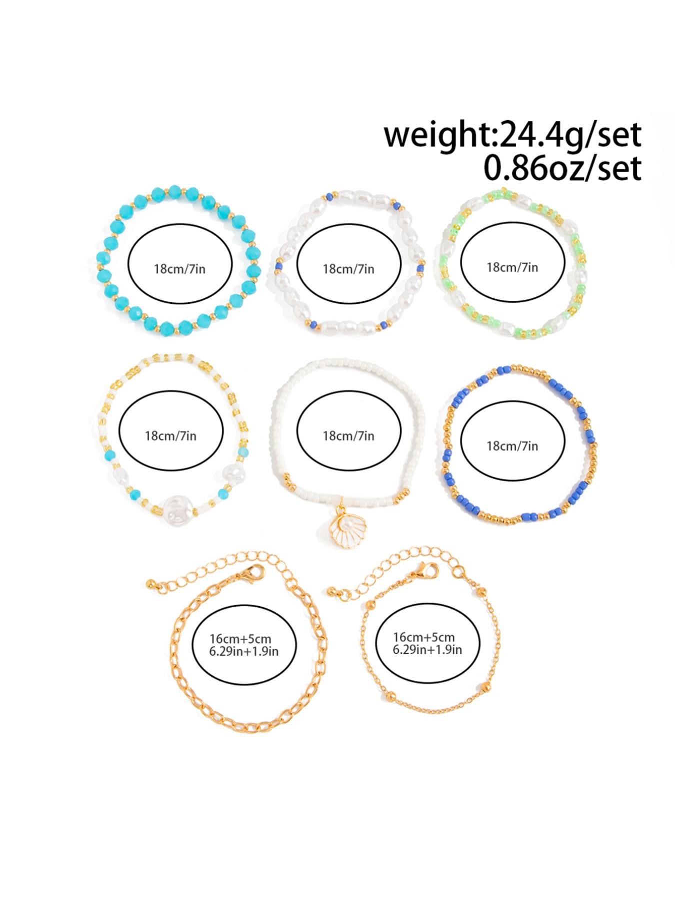 8-Piece Boho Multi-Layer Beaded Bracelet Set, Shell Faux Pearl Blue Block Stackable Wristbands, Spring Summer Beach Vacation Style