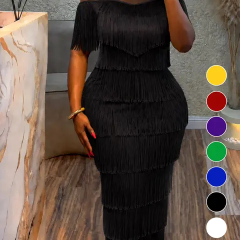 AOMEI Women Plus Size Sheer Mesh Round Neck Dress, Layered Tassels Slim Fit Evening Gown, Perfect for Parties, Weddings, Birthdays, Formal Events