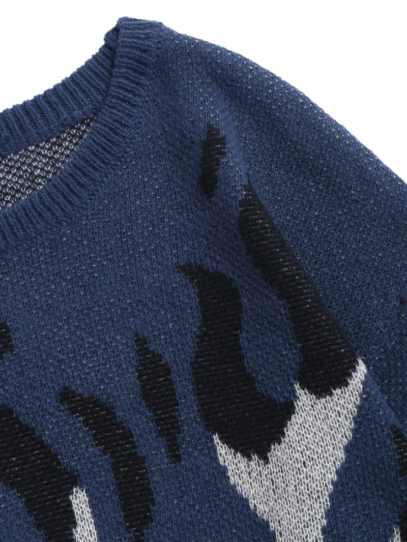 ZAFUL Men's Fall Winter Flame Pattern High Stretch Crew Neck Long Sleeve Sweater Ribbed Sweater Tops, Casual Loose Fit Knitwear for Men, Comfortable Daily Wear