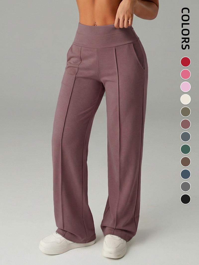 Women's Plain Loose Straight Leg Pants, Wide Leg High Waist Sporty Casual Sweatpants with Pockets, Sports Bottoms, Comfortable Daily Wear [Fits Small - Size Up Recommended]