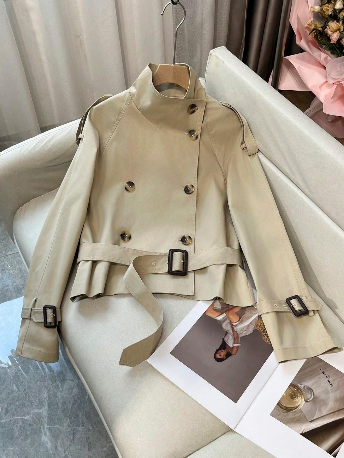 Women's Short Coat with Dual Button Straps, Long Sleeve Fall Winter British Style, Office Party Streetwear, Perfect for Daily Wear