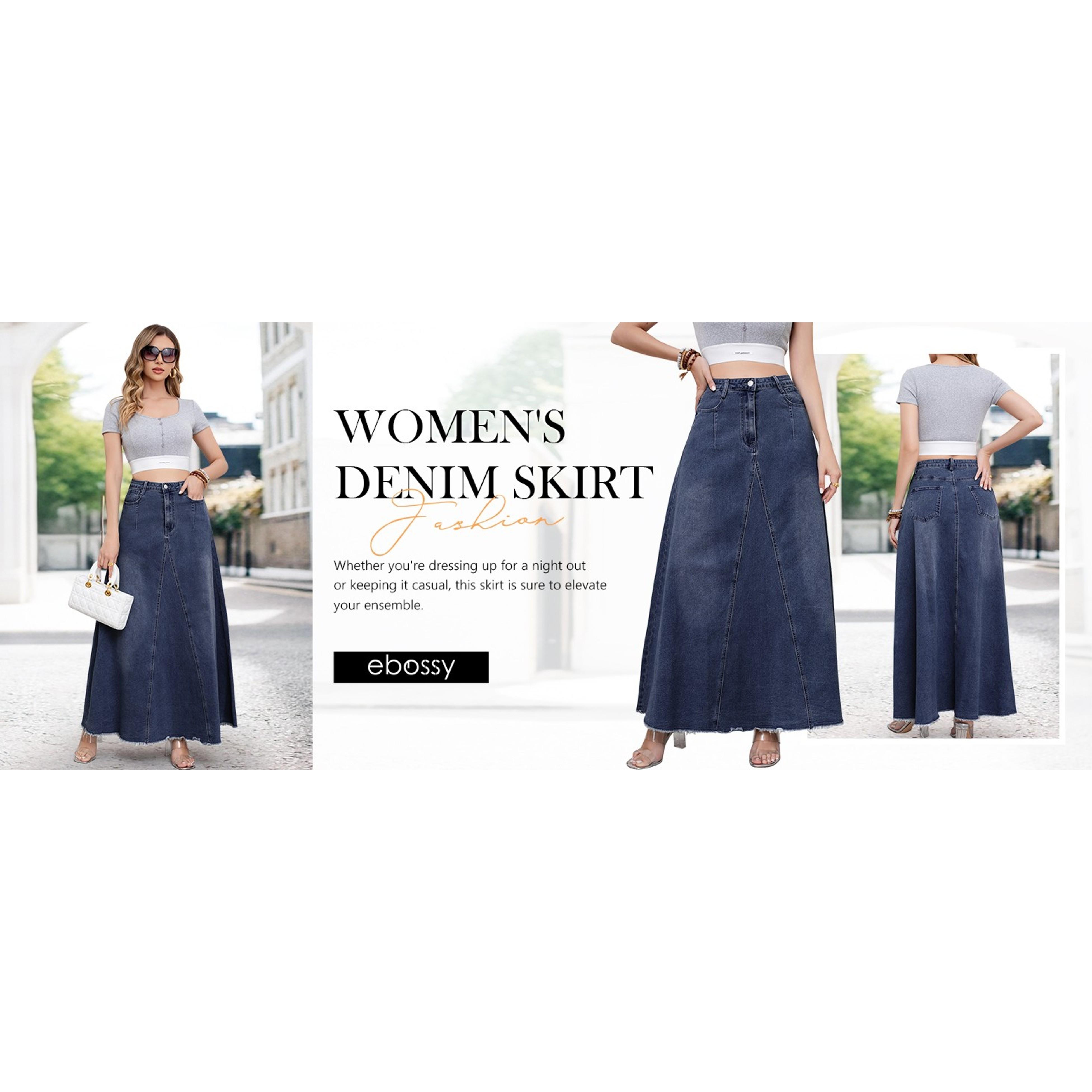 ebossy Women's Retro Distressed High-Waist Frayed-Hem Flared A-Line Patchwork Maxi Denim Skirt with Pockets, Buttons, Zipper - Casual Hippie Bottoms for Birthday, Party (Gift)