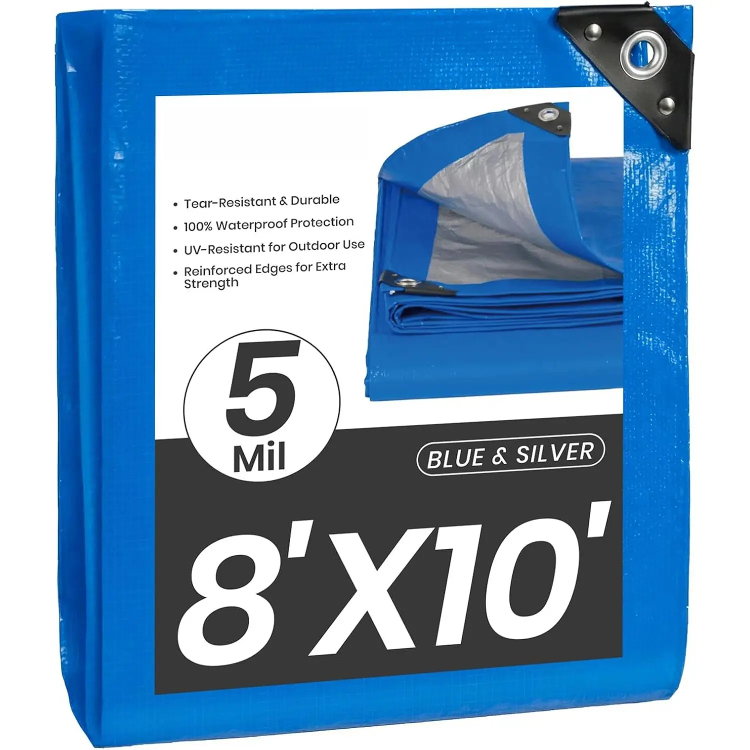 Heavy Duty Waterproof Poly Tarpaulin 8x10 FT 5 Mil - Blue Outdoor Cover with Reinforced Edges, Grommets, UV Resistance for Car, Boat, Garden (Tools & Hardware, Tarps)