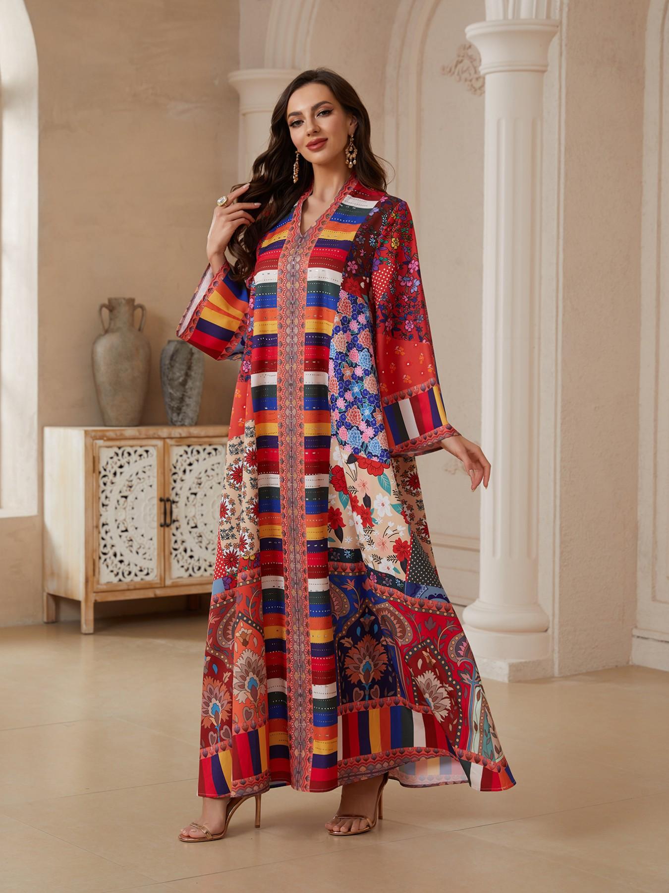 Middle Eastern High-End Custom Rainbow Geometric Totem Robe, Vintage Floral Light Luxury Abaya, Elegant Long Dress for Women