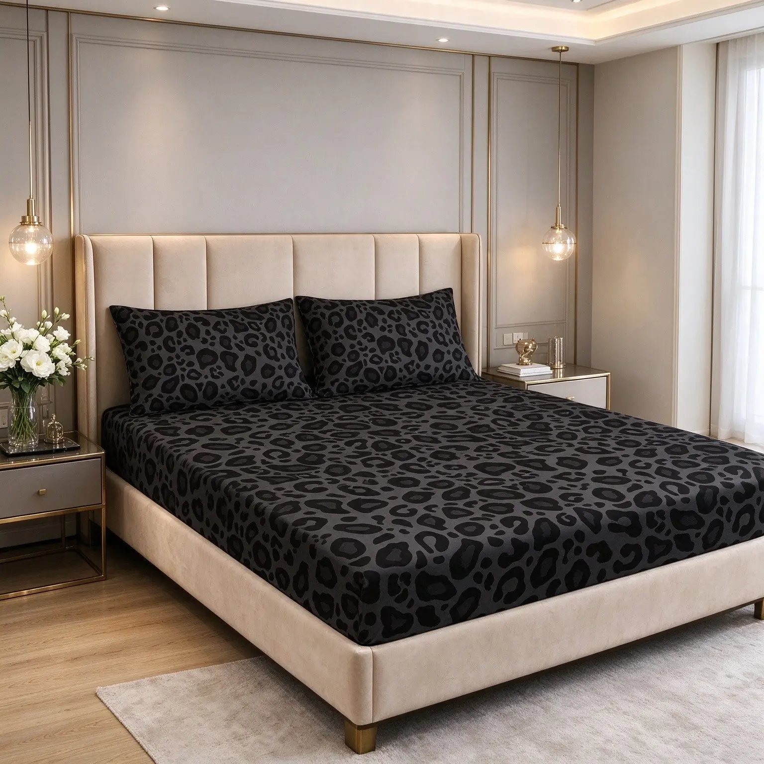3pcs Black Leopard Printed Fitted Sheet Set. Includes 1 fitted sheet & 2 pillowcases (mattress and pillow inserts excluded). Delicate leopard print, 100% polyester, soft, breathable with deep pocket design. Great for bedroom, guest room or dorm.