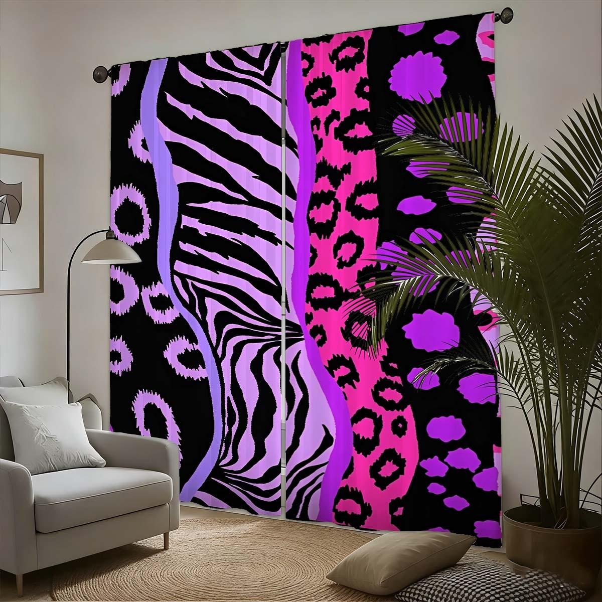 Creative Zebra Leopard Print Curtains Set, Block, Polyester Fiber, Kitchen Bedroom Office Living Room Decor, Home Textile