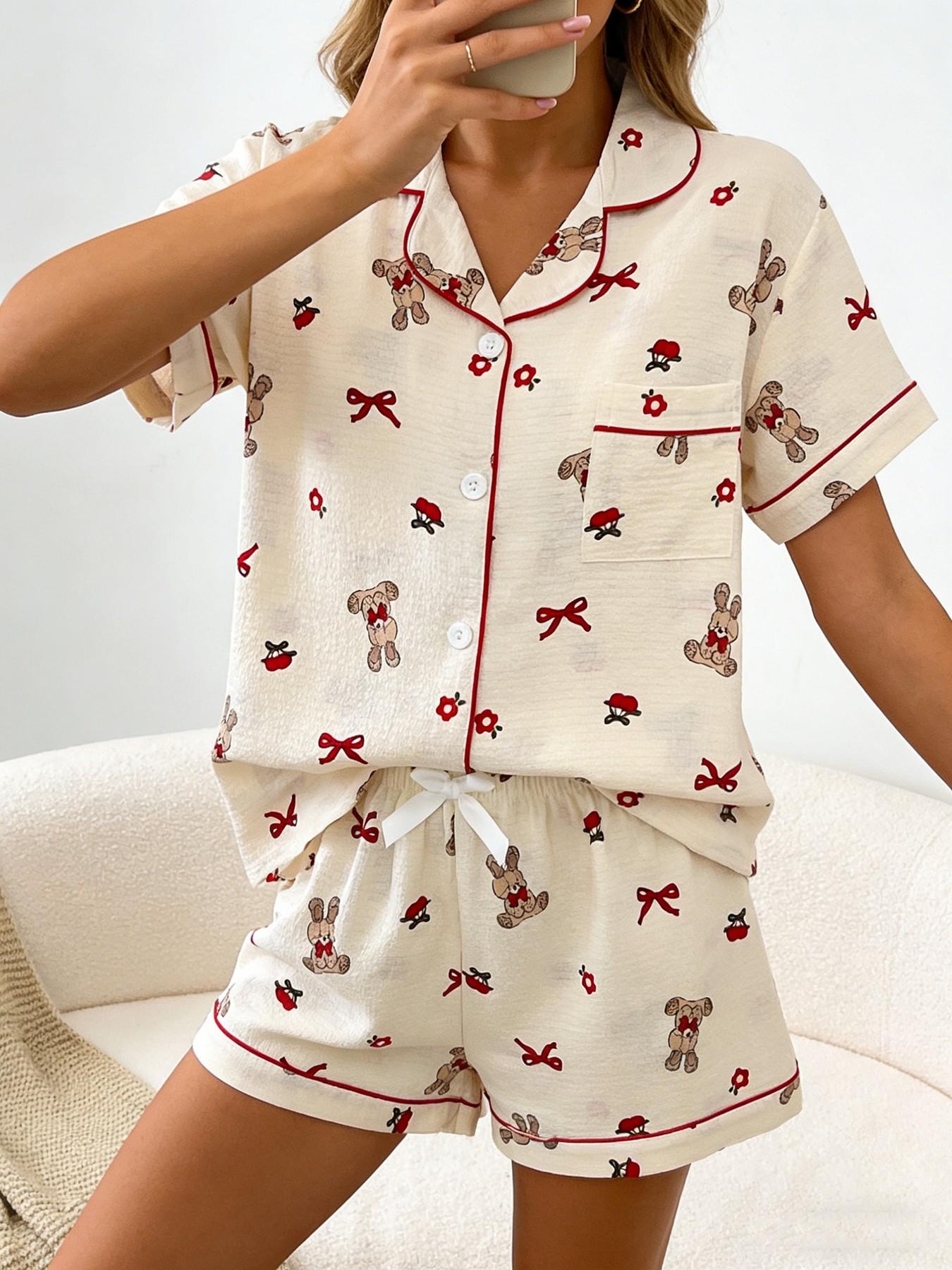 Women's Short Sleeve Button Down Top and Shorts Pajama Set, Spring Summer Wear, For Japanese Kawaii Sweet Girls, Cream Base Cute Bunny Bow & Floral Print, Classic Lapel Collar With Contrast Red Piping, Loose Fit, Comfortable For Home & Going Out