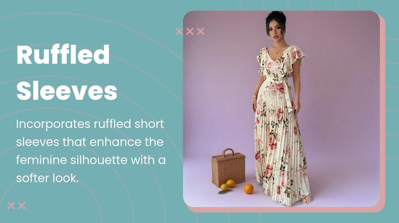 Women's V Neck Floral Print Elegant Folded Long Dress, High Tie-waist Slim Fit A-Line Party Dresses, With Ruffled Short Sleeves, Elegant and Romantic Women's Dresses, Floral Pattern Dress