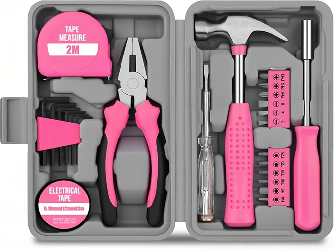 130-Pieces Pink Tool Kit Set & Child Size Tool Bag. Daily Home Repair Kit,Hammer Screwdriver Set for DIY Building, Woodwork & Construction for Women Kids
