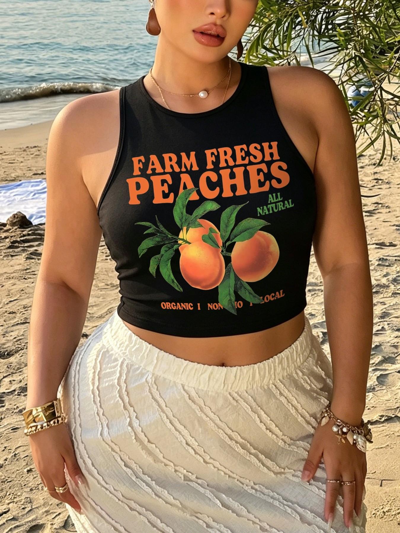 Women's Y2K Peach Print Short Sleeveless Top, Vintage Street Style, Fitted H-Type, Casual All-Season, Perfect for Summer