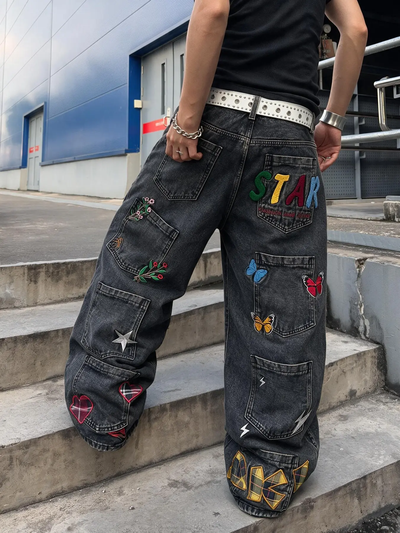 Men's Wide Leg Jeans Mock Pocket Embroidered Patchwork Washed Denim Pants Streetwear Style Casual Long Bottoms (Belt & Accessories Not Included)