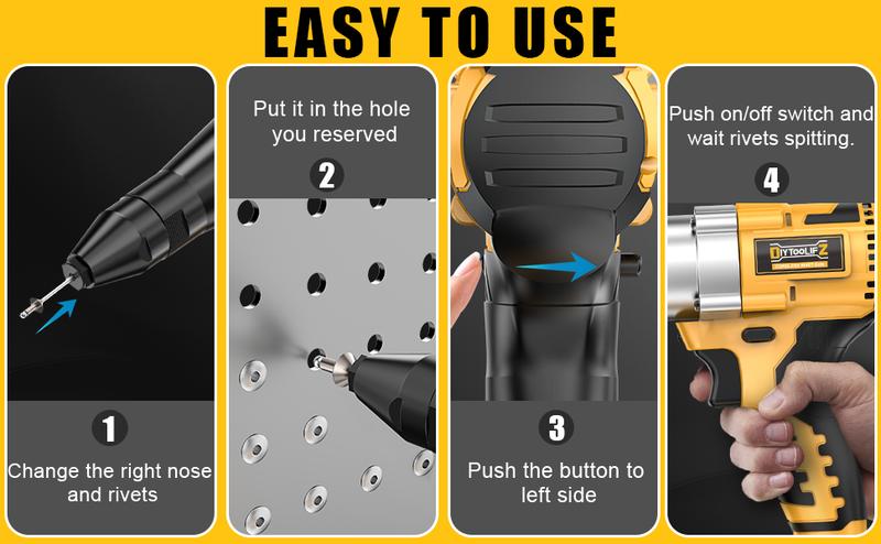 Cordless Electric Rivet Gun Compatible with Dewalt 20V Battery (NO Battery!!), Stainless Rivets: 3 Sizes(1/8",5/32",3/16") & Nose Pieces, LED Light,Rivet Nut Tool