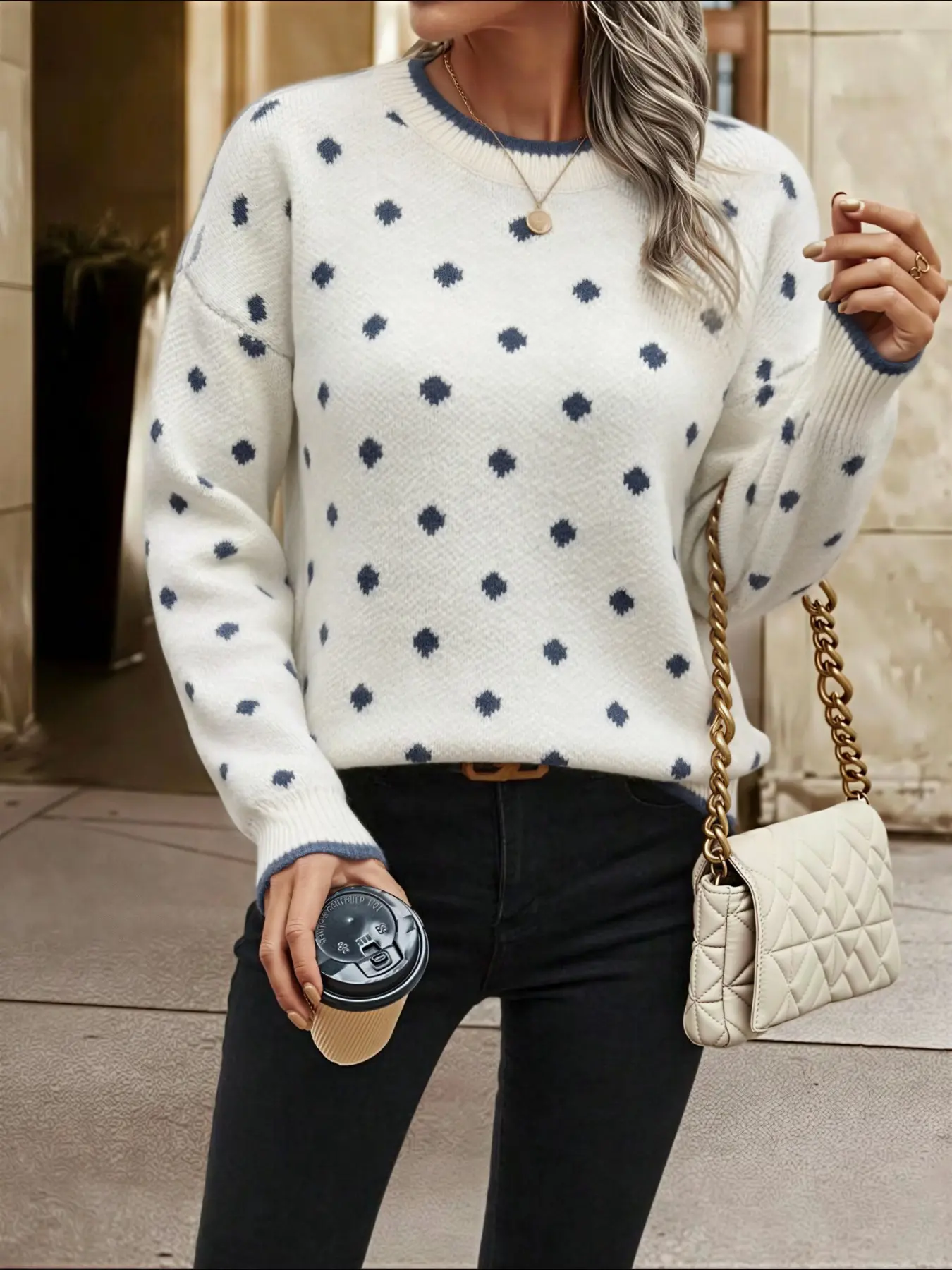 Vintage Polka Dot Knit Pullover, Drop Shoulder Long Sleeve, Fall Winter Casual Commute Basic Sweater, Versatile Fashion Top Knitwear