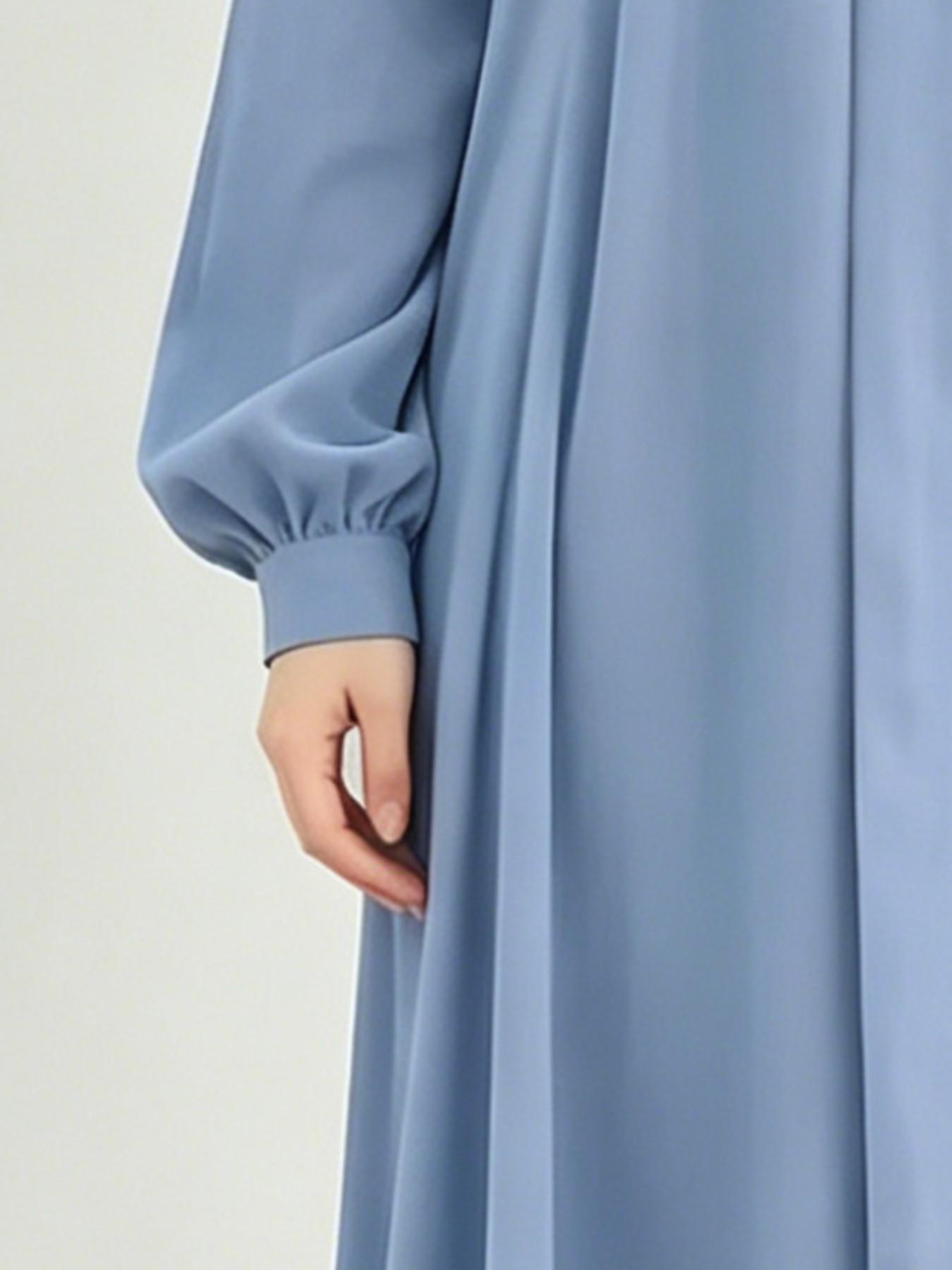 Pastel Blue Mandarin Collar Maxi Dress, Loose-Fit Hijabi Style, Wraparound Design, Gathering Detailing, All-Season Wear, Modest Muslim Clothing, Islamic Clothes, For Muslim