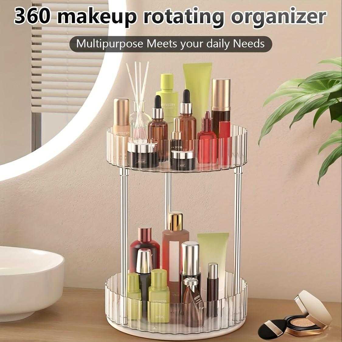 Luxury Transparent 360° Rotating Makeup Organizer Rack, Multi-Functional Dressing Table Skincare Storage Box, Elegant Cosmetic Holder