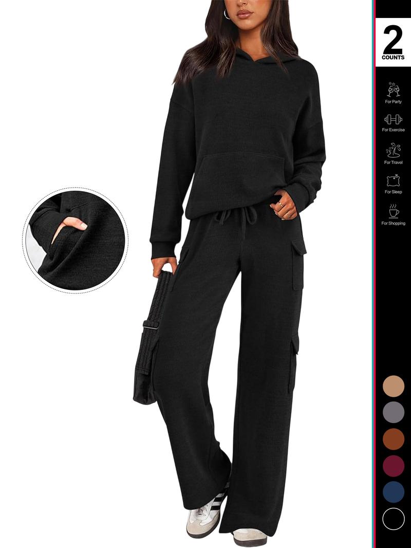 2026 Womens Fall Outfit 2-Piece Knitted SetsHoodie Tracksuits Wide Leg Pants With Pocket AndDrawString Long Sleeve Hooded Kangoroo Pocket TopsKnitwear Sporty Loungwear, Womenswear Travel Outfit