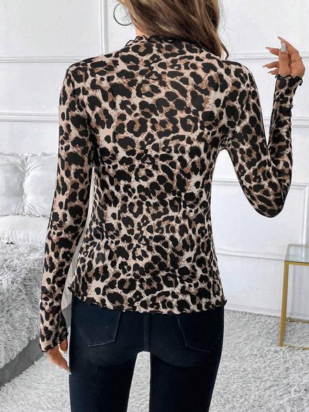 Elegant Sexy Leopard Print Sheer Mesh All-Over Printed Women's Top, Slim-Fitting Lightweight Summer Style for Casual Wear