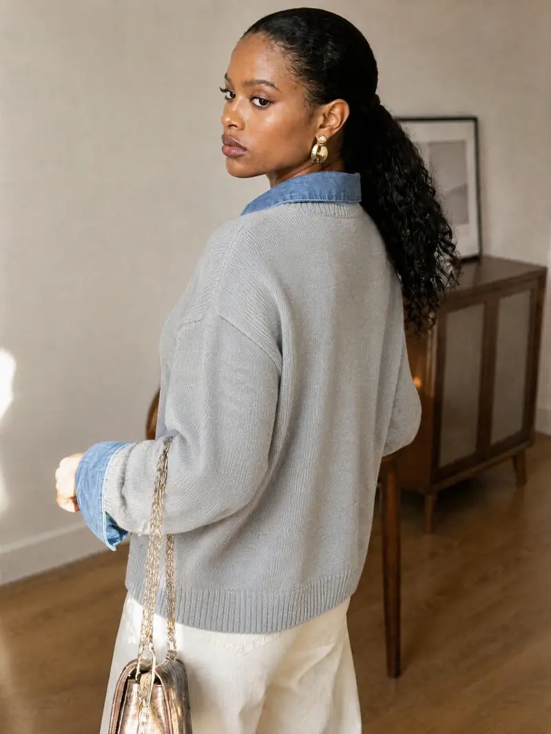 Women's fall winter knit sweater denim patchwork style