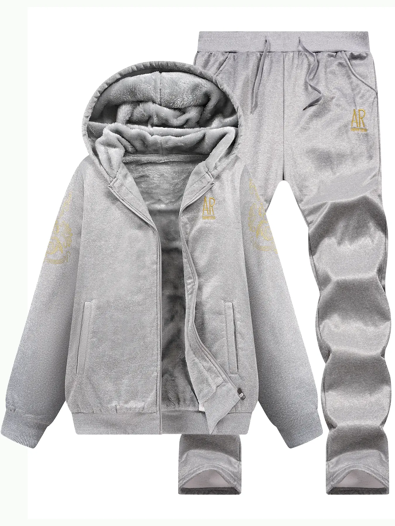 Thickened Hooded Long Sleeve Jacket with Letter Print, Elastic Waist Pants Set, Casual Fall & Winter, Women's Fashion