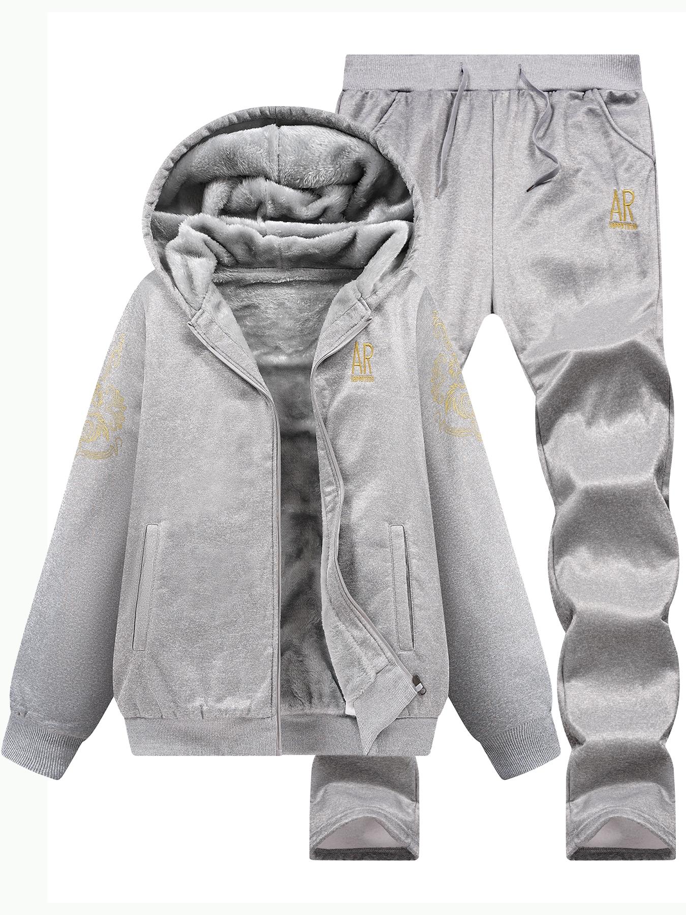 Thickened Hooded Long Sleeve Jacket with Letter Print, Elastic Waist Pants Set, Casual Fall & Winter, Women's Fashion