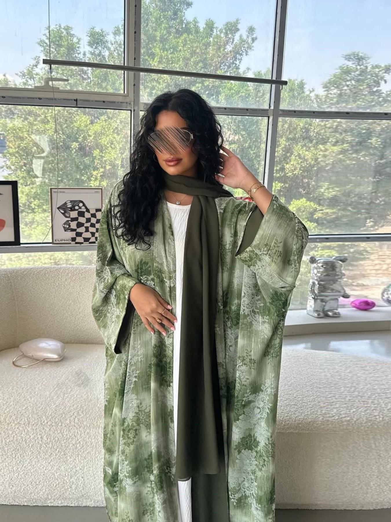 Hafizah Summer New Chiffon Wrinkle Print Flower Cardigan + Headscarf Robe, Fashion Plus Size Women's Outerwear, All Seasons