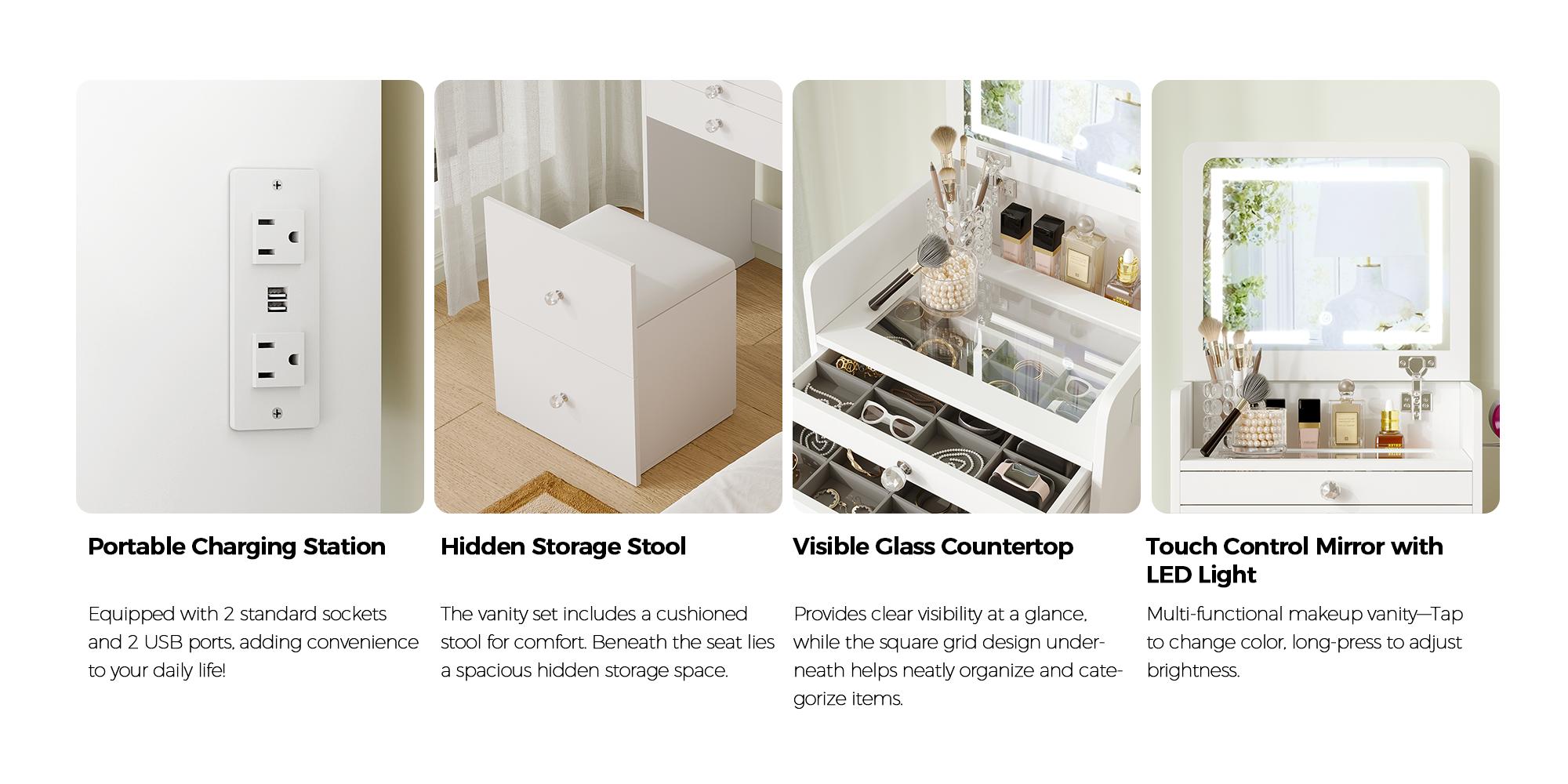 【Valentine’s Day Gift】VOWNER Modern 3 in 1 Vanity Desk with 3 Drawers Flip-up Mirror 3 Color Lighting & Cushioned Stool for Bedroom Makeup & Skincare Routine