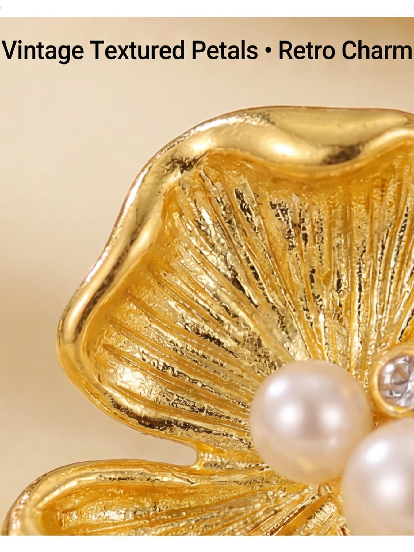 Women's Hypoallergenic Vintage Textured Flower Pearl Stud Earrings, Gold Plated 3 Petal Floral Pearl & Rhinestone Inlaid Dainty Earrings, New Chinese Style Fashion Jewelry for Everyday Wear Office Wedding & Gift